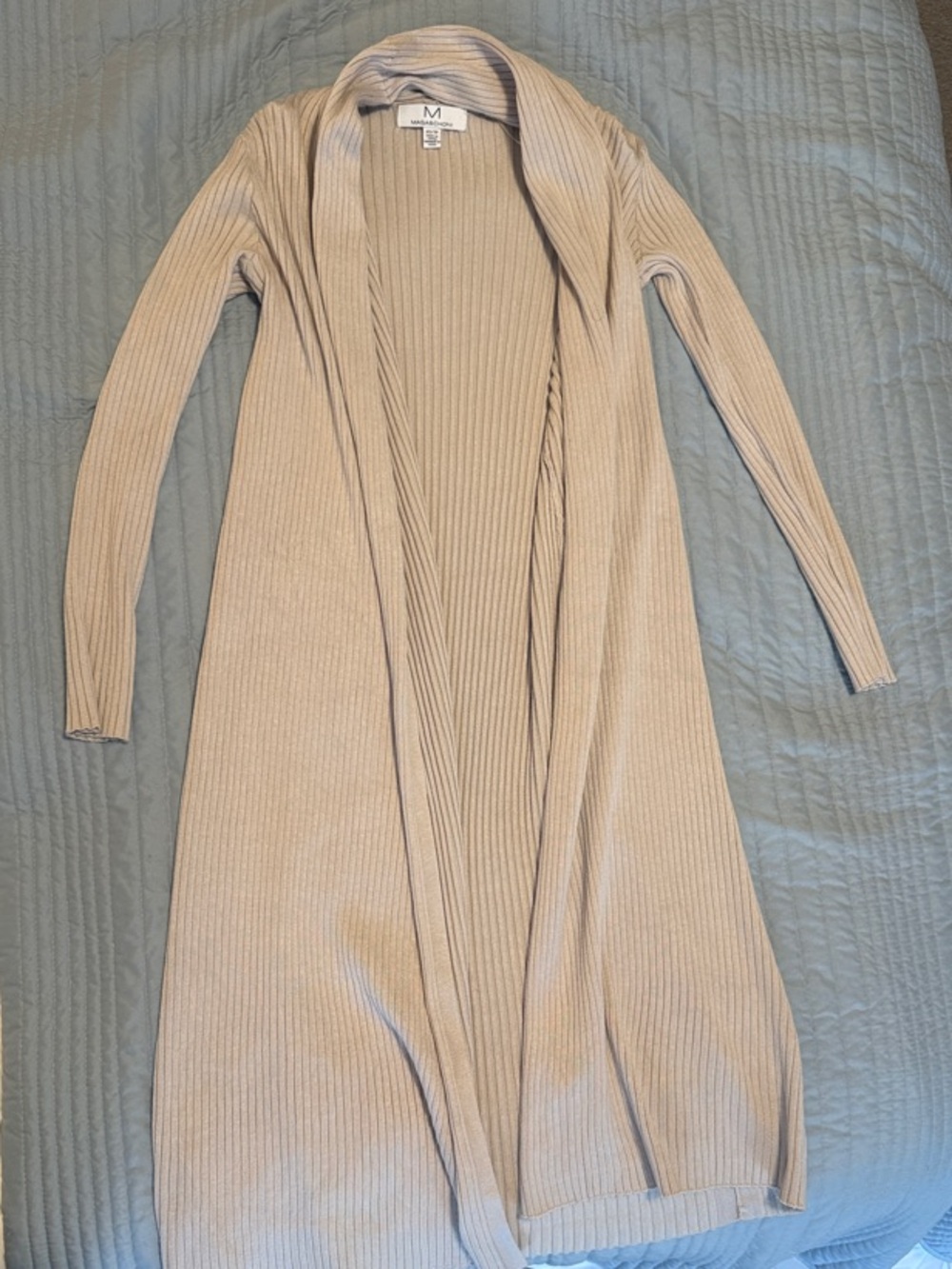 Magaschoni Long Open-Front Ribbed Cardigan in Beige